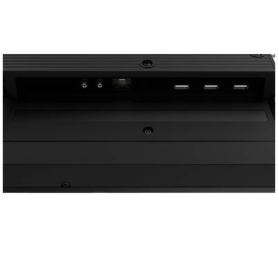 Zadnja stran elektronske naprave z več priključki, vključno z ethernet in USB.