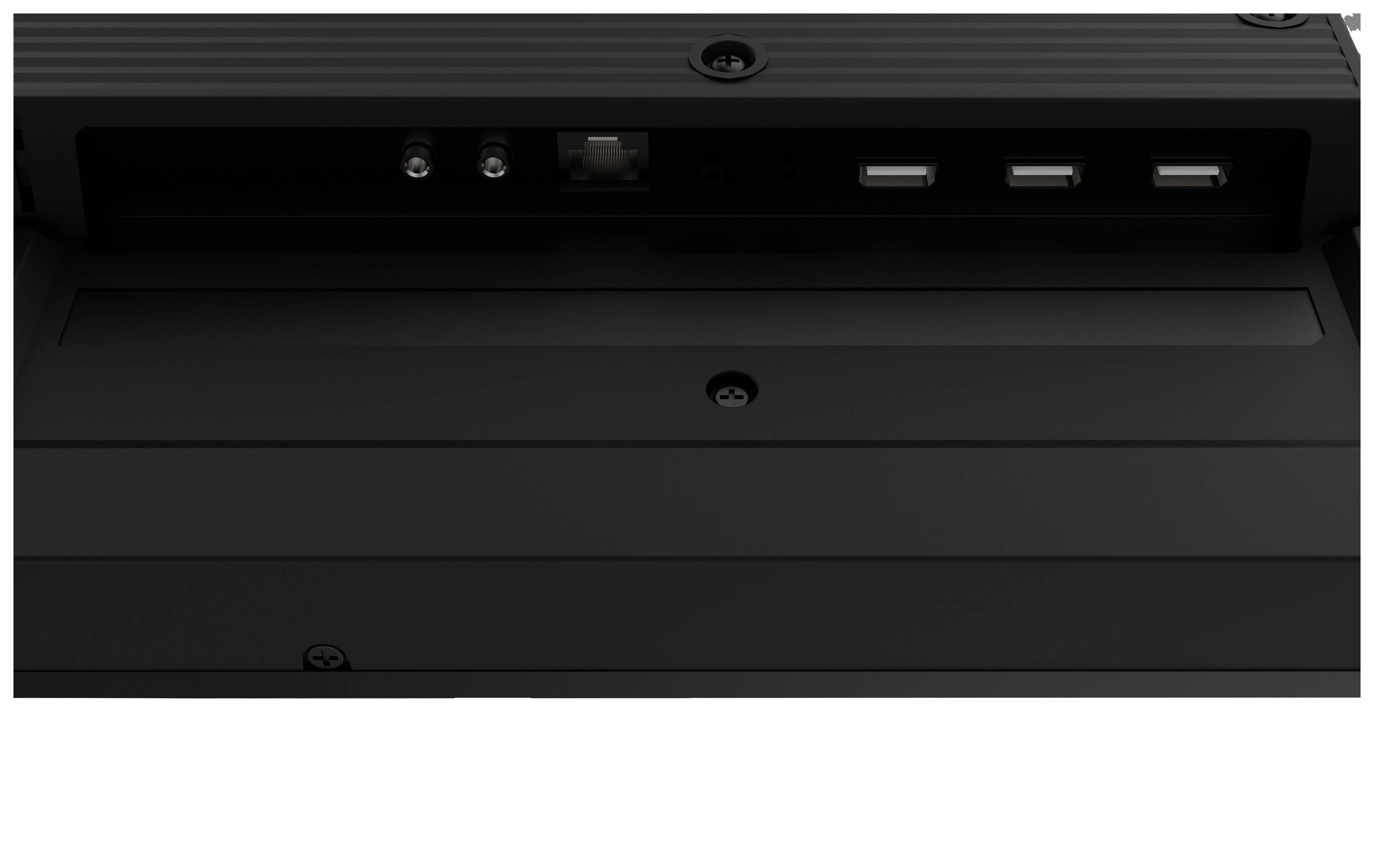 Črna elektronska naprava z več priključki, vključno z ethernet, USB in avdio priključki. Pogled od zadaj s horizontalnim razporedom.