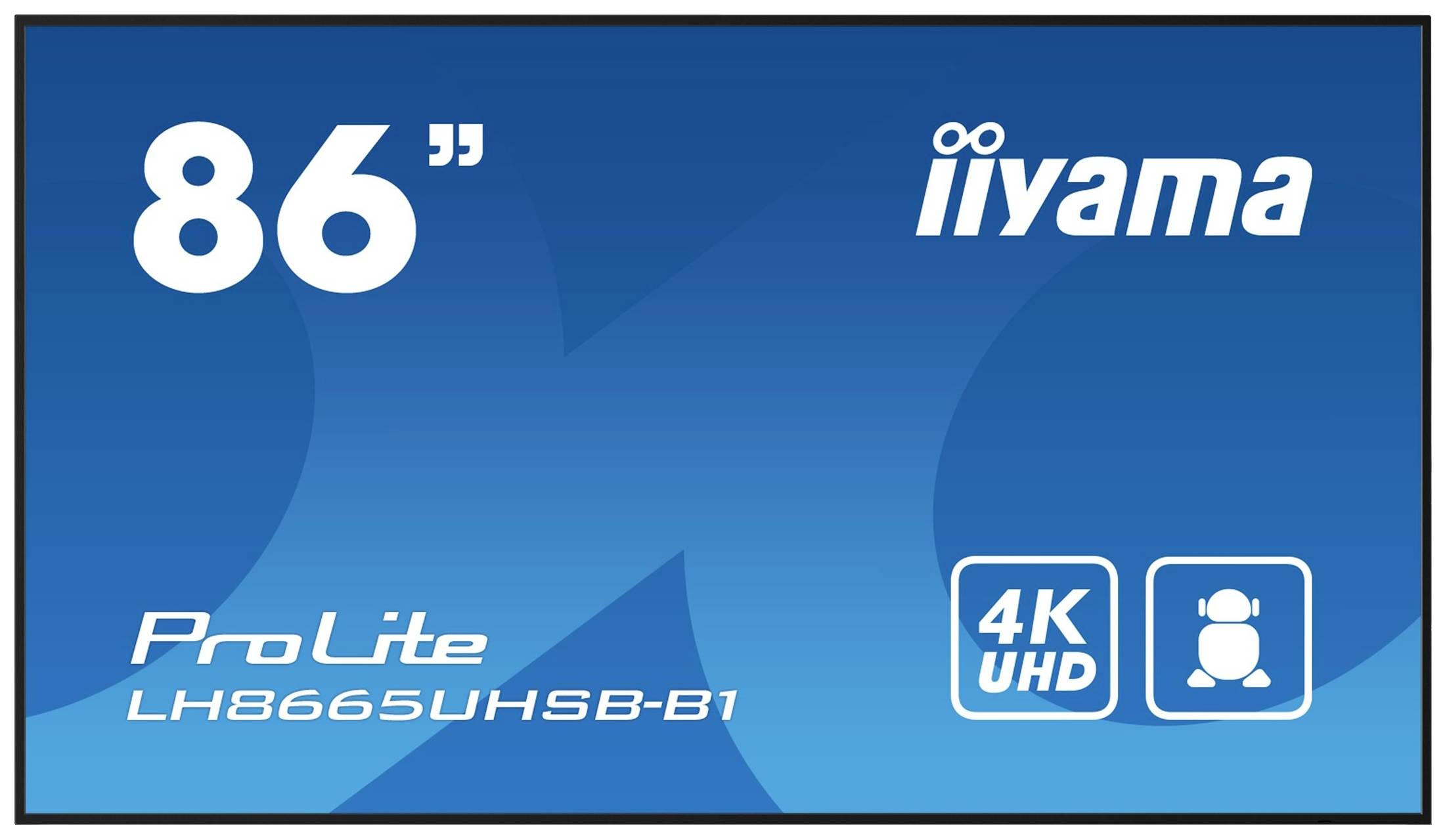 Zaslon prikazuje model 'iiyama ProLite' LH8665UHSB-B1 z 86 palci in ločljivostjo 4K UHD.