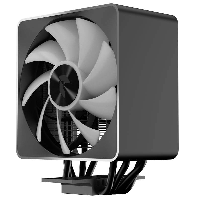 Črn CPU hladilnik s sivim ventilatorjem in večimi toplotnimi cevmi za izboljšanje hlajenja.
