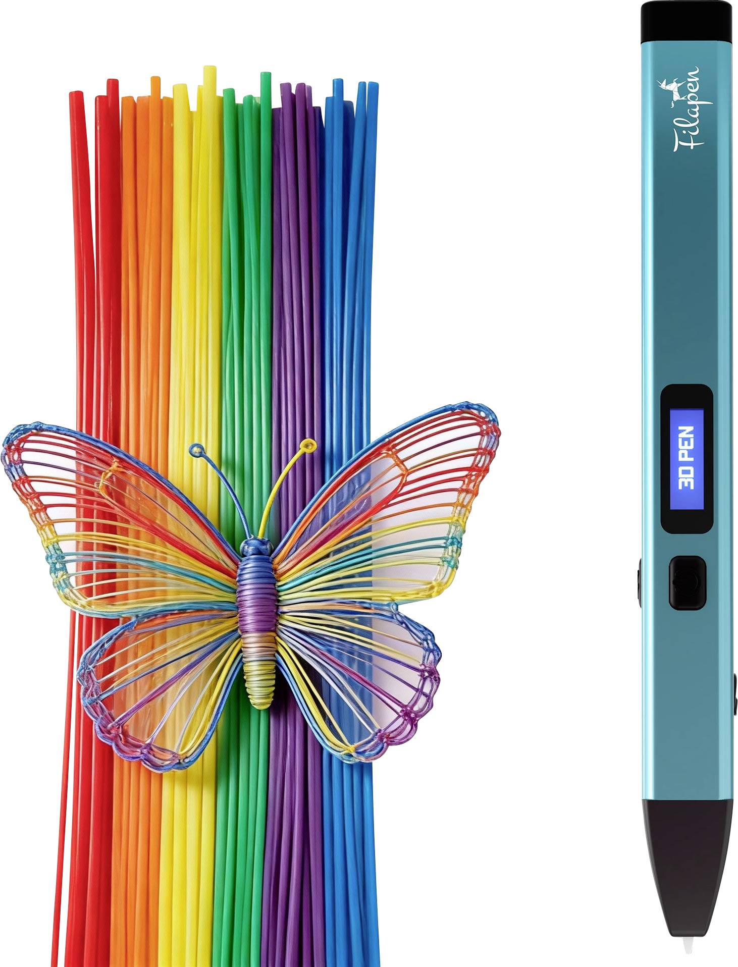 Barvita 3D pisala prikazana ob strani mozaičnega metulja iz barvne žice, napravljenega iz navpičnih pramenov na beli podlagi.