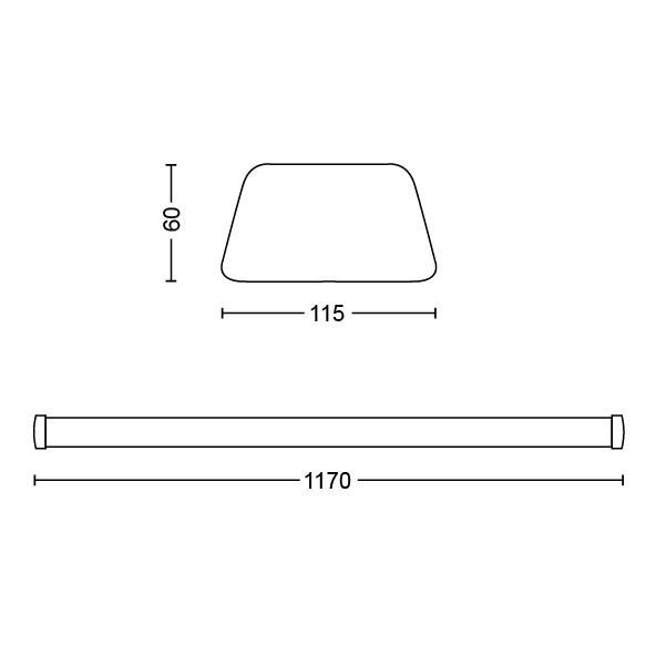 Tehnična risba pravokotnega objekta z zaobljenimi robovi, dimenzije: širina 115 mm, višina 60 mm, dolžina 1170 mm.