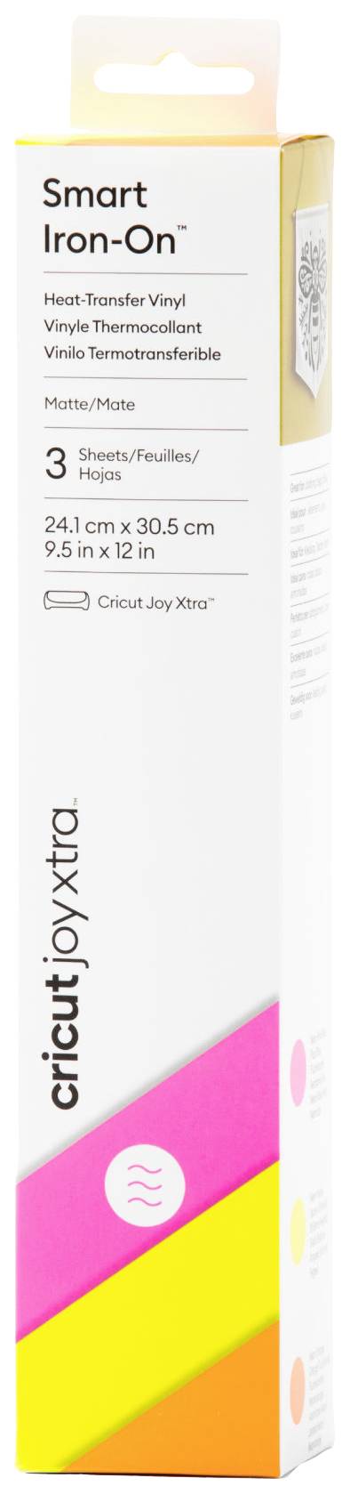 Embalaža 'Cricut Joy Xtra Smart Iron-On' vinilne folije, 3 lista, mat, 24,1 x 30,5 cm. Embalaža v beli barvi z barvitim dizajnom.