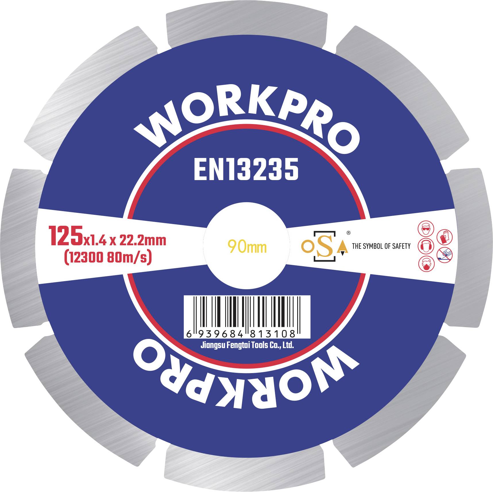 'Oznaka žaginega lista: WORKPRO EN13235, 125x1,4x22,2 mm, 12300 80 m/s. Srednja odprtina: 90 mm. Varnostna in proizvajalčeva navodila so priložena.'