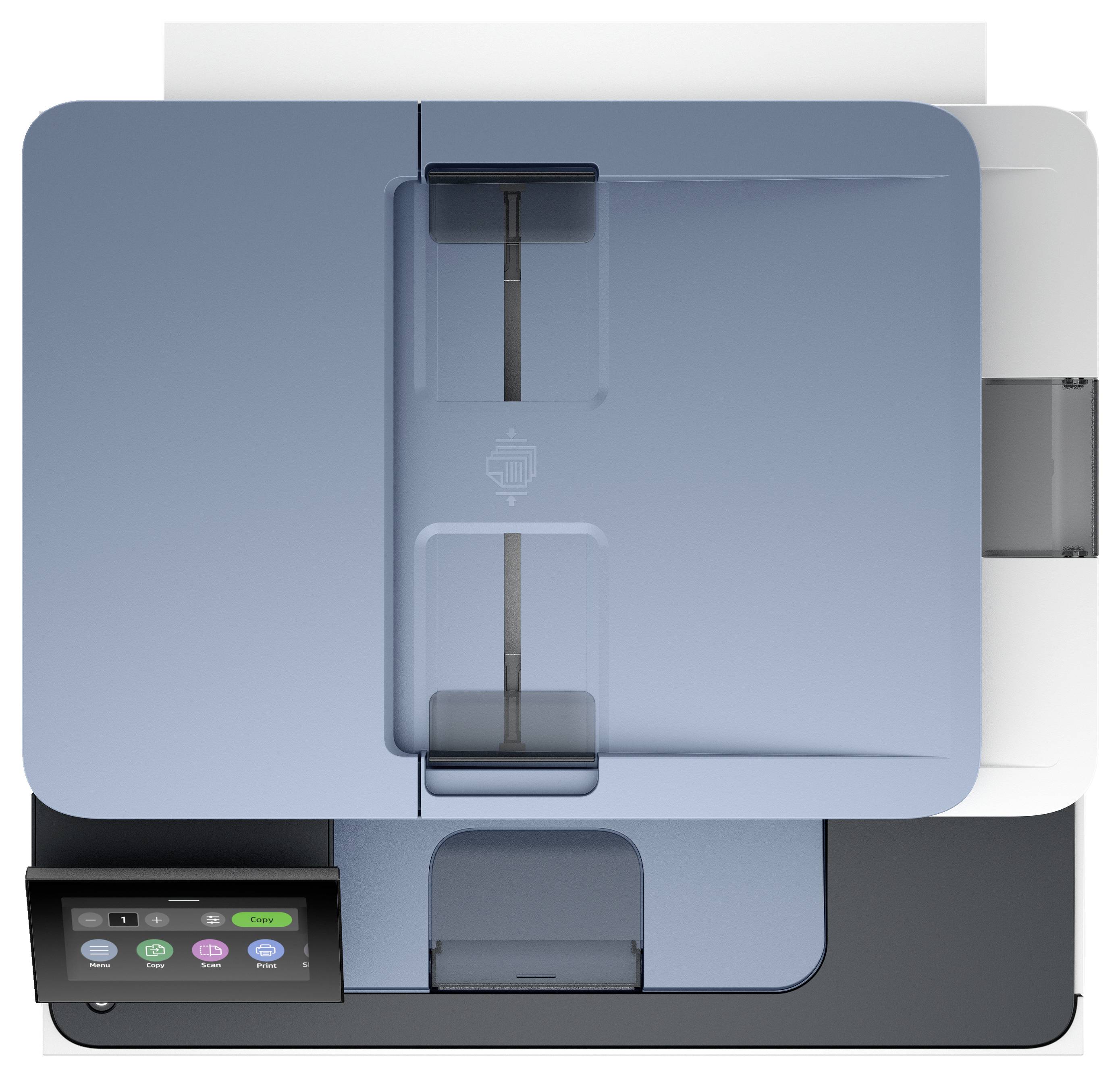 Tiskalnik z modrim pokrovom in upravljalno ploščo spodaj desno prikazuje tipke za 'Kopiranje', 'Skeniranje' in 'Nastavitve'.
