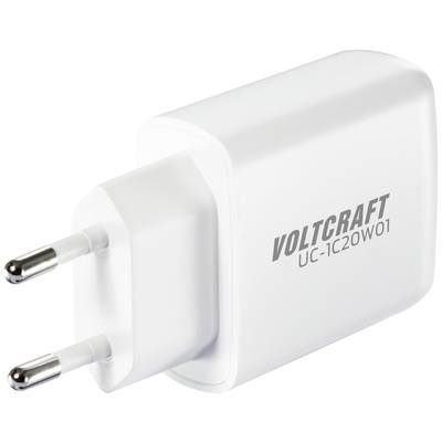 Belo USB vtično polnilec z evropskim vtičem, z blagovno znamko 'Voltcraft' in modelno številko 'UC-1C20W01', natisnjeno nanj.