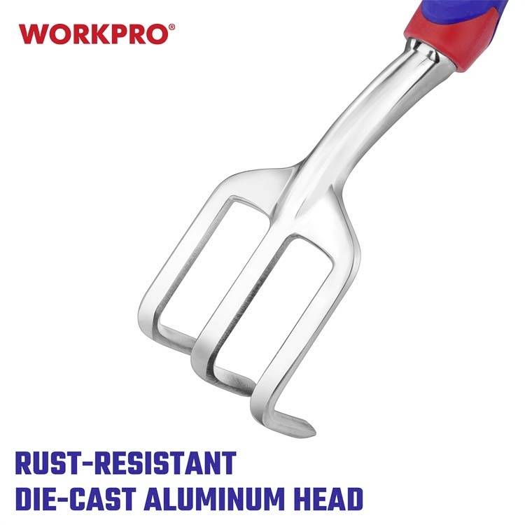 Robusta vrtna grabljica iz aluminija z ergonomskim ročajem. Napis: 'WORKPRO'. Značilnost izdelka: odporna proti rjavenju, glava iz tlačno litega aluminija.