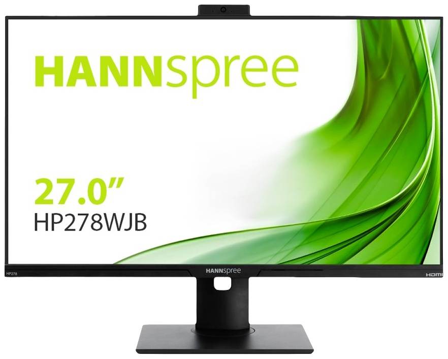 27-palčni monitor HANNspree z modelno številko HP278WJB, predstavljen na beli podlagi z zelenim grafičnim elementom.