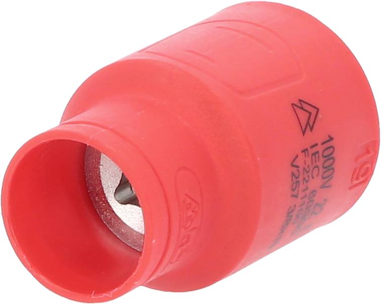 Rdeč zaščitni adapter za električne preizkuse, z napisom '1000V', prikazuje združljivost napetosti in varnostni standard.
