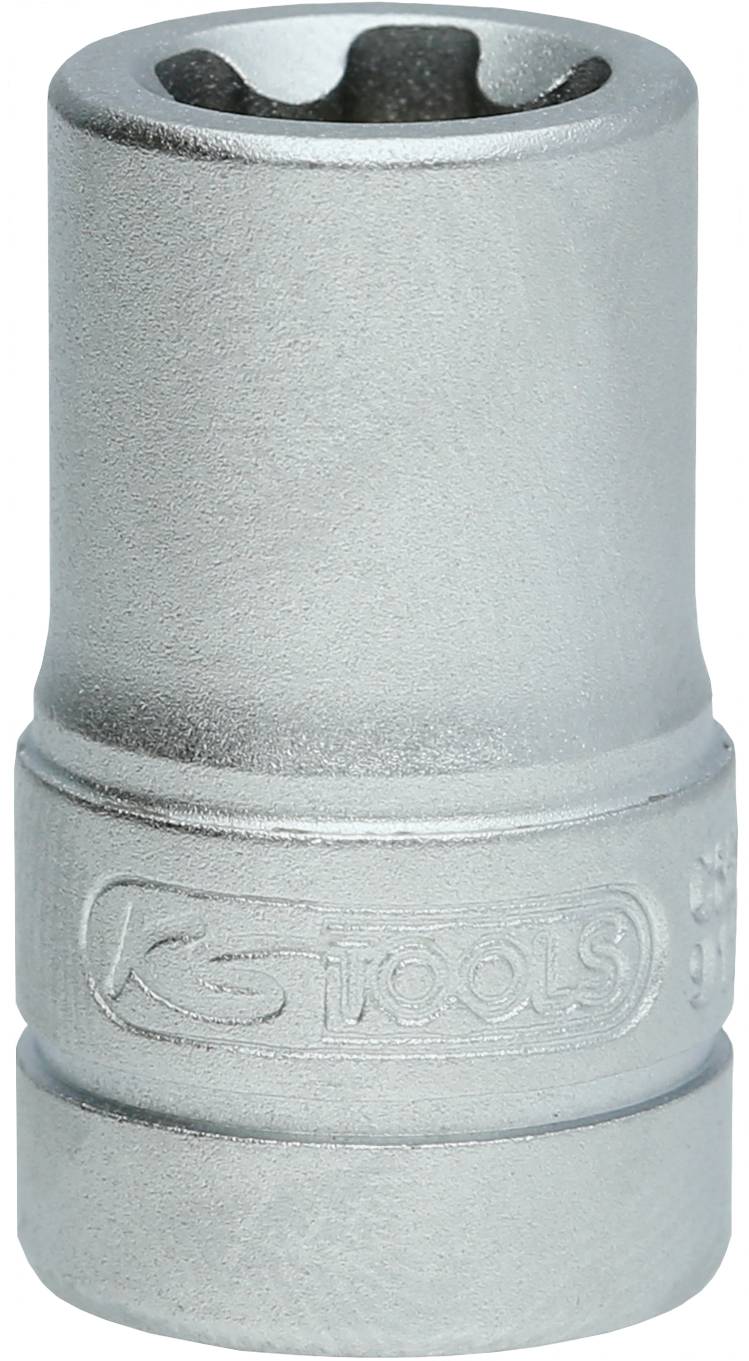 Srebrna vtična matica z valovito površino in vtisnjenjem 'KS Tools' na sredini. Je kovinska in cilindrične oblike.