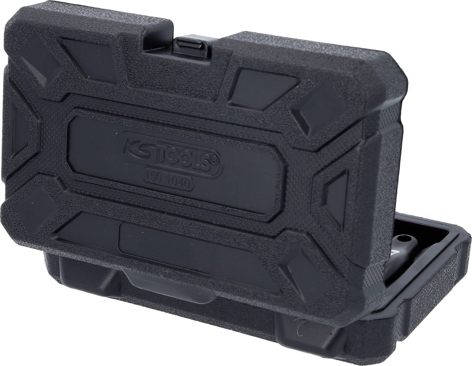 Črn plastičen kovček z naborom ključev znamke KS Tools. Kovček je delno odprt in prikazuje del orodij.