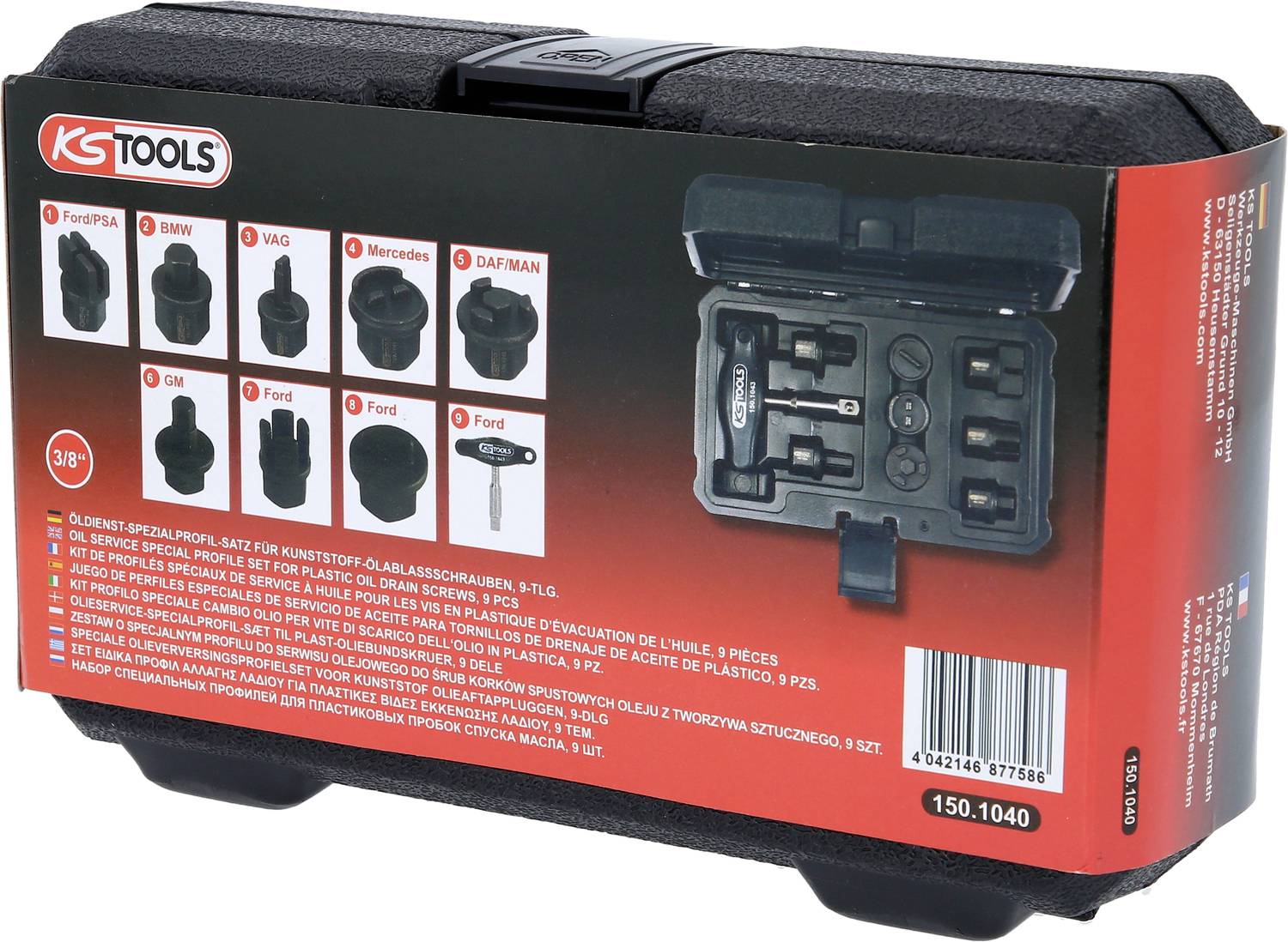 Komplet ključev 'KS Tools' v črni škatli. Vsebuje 9 adapterjev, primernih za različne znamke avtomobilov, kot so BMW, Mercedes in Ford.