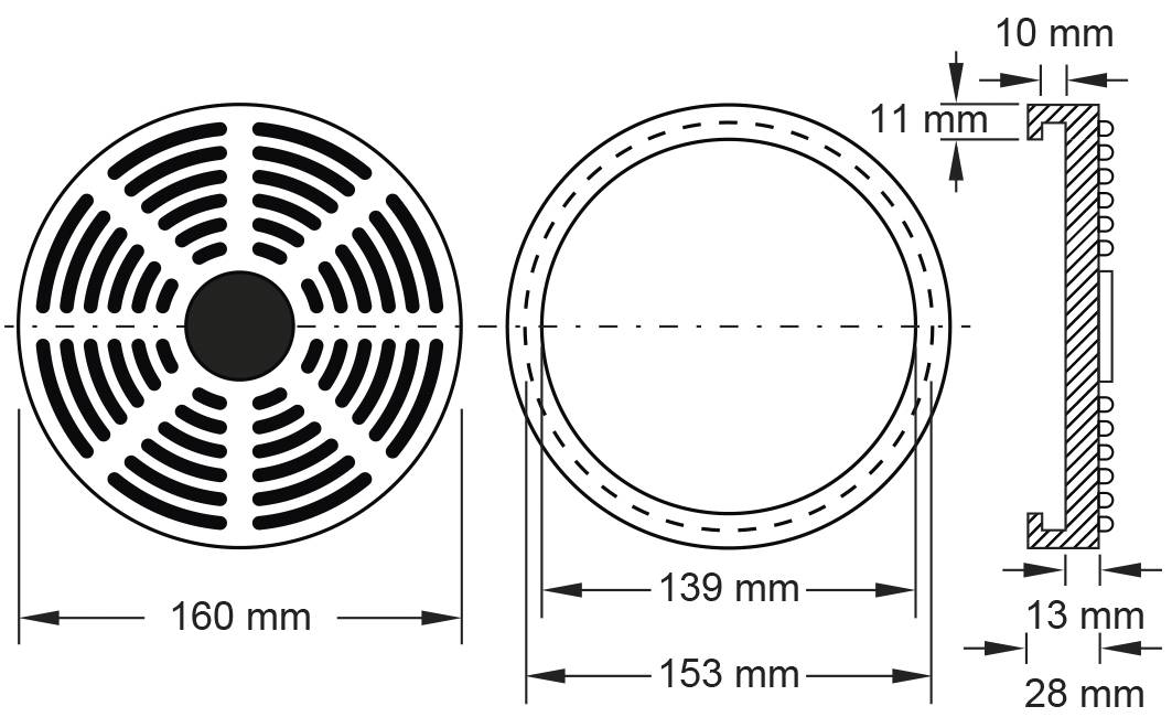 Tehnična risba okroglega prezračevalnega rešetka z merami: premer 160 mm, razdalja lukenj 139 mm, globina 28 mm, debelina materiala 11 mm.