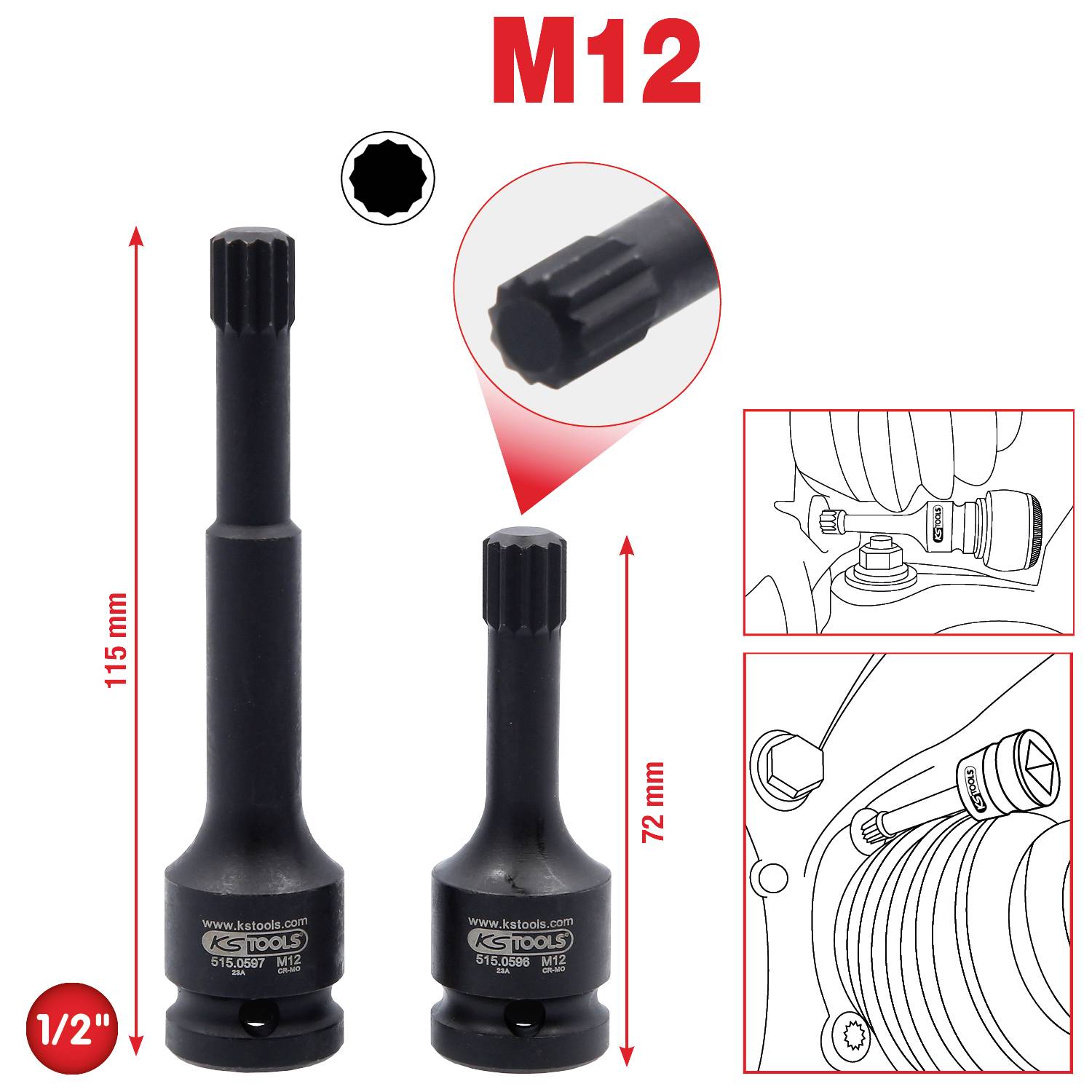 Dva M12 podaljška bitov od KS Tools za 1/2-palčne pogone, z dolžinami 115 mm in 72 mm. Prikazano s tehničnimi risbami.