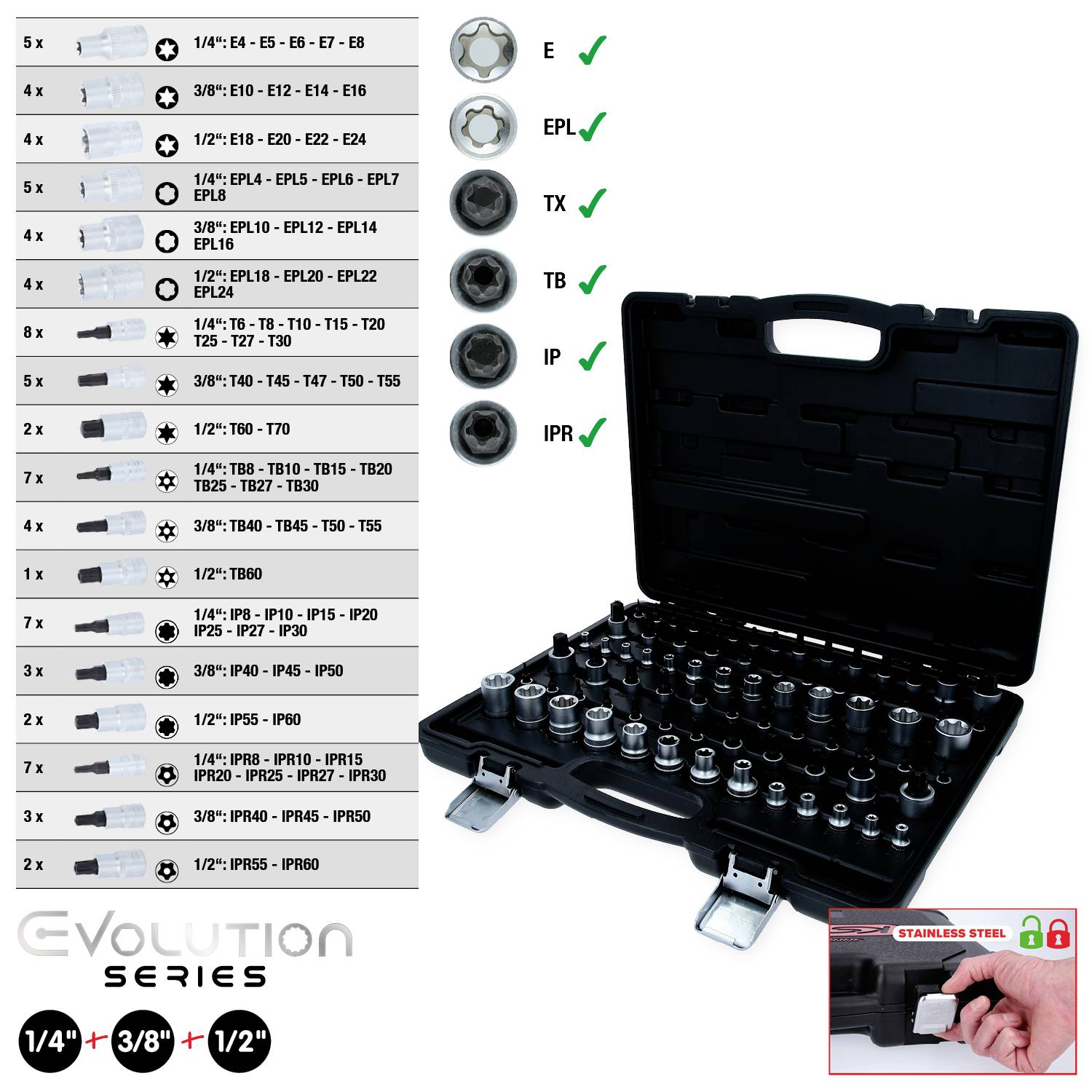 'Komplet vijačnih nasadnih ključev v črni torbi. Vsebuje različne nasadne ključe s profili EPL, TX, TB, IPR. Primeren za uporabo z 1/4", 3/8", 1/2" priključki.'