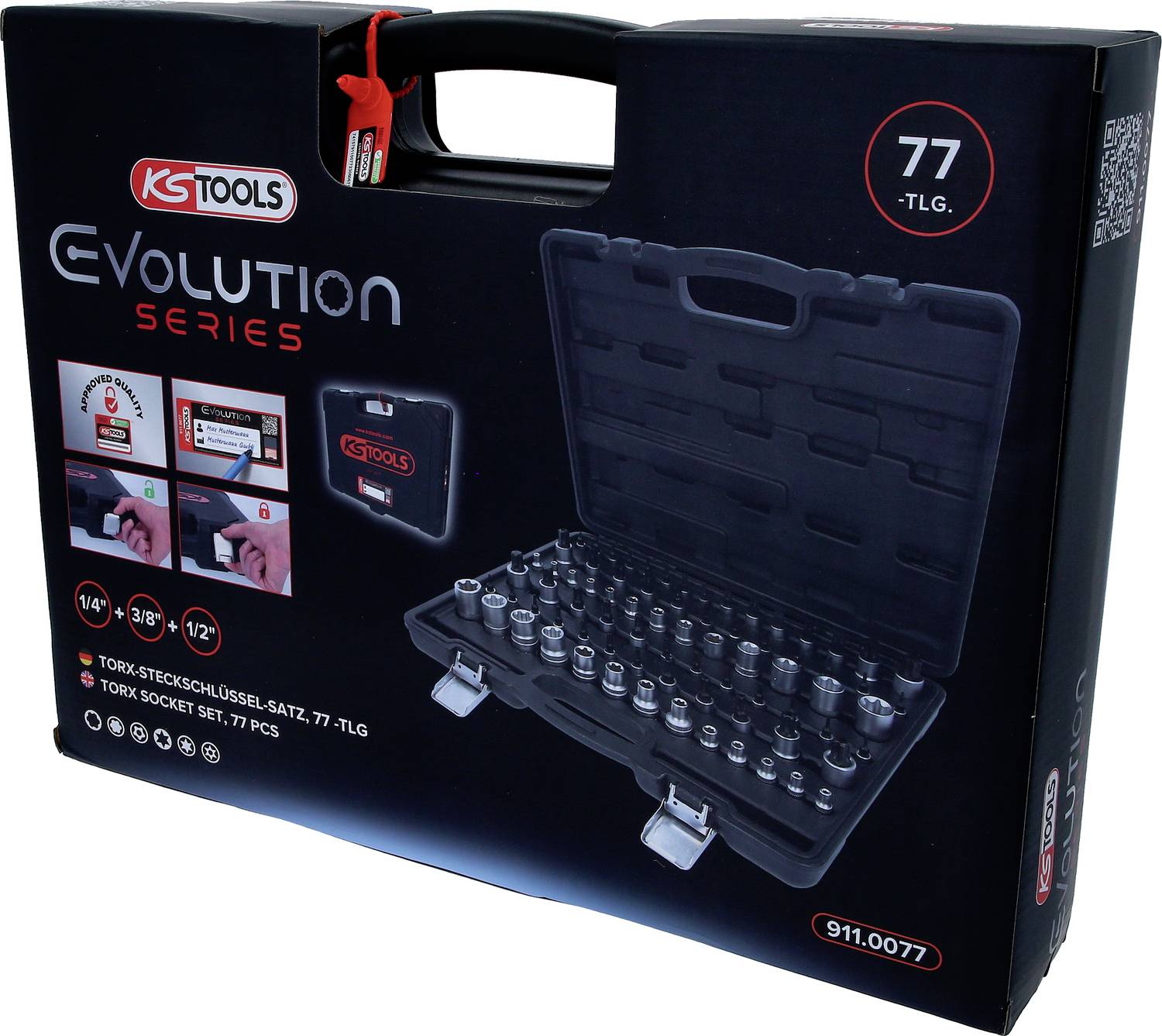 'KS Tools Evolution Series', črn kovček za orodje s 77-delnim kompletom natičnih ključev, prikazan na embalaži.