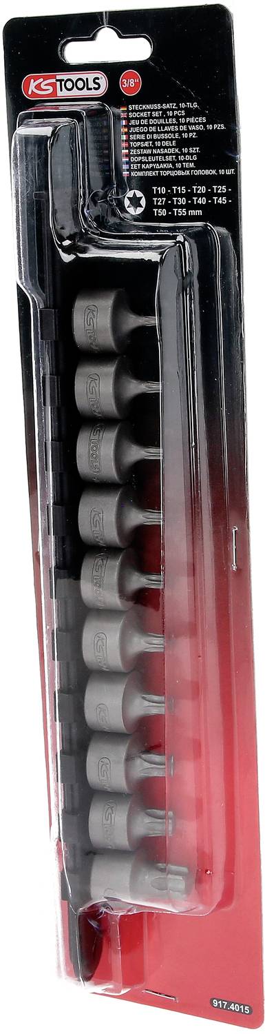 Set 10 Torx natičnih ključev KS Tools v embalaži. Velikosti od T10 do T50. Črna izvedba, primerna za Torx vijake.