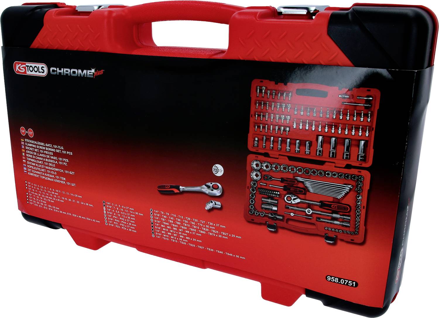 Komplet orodja 'KS Tools', rdeče in črne barve. Vsebuje izvijače, ragelj in različne nastavke. Model 958.0751.