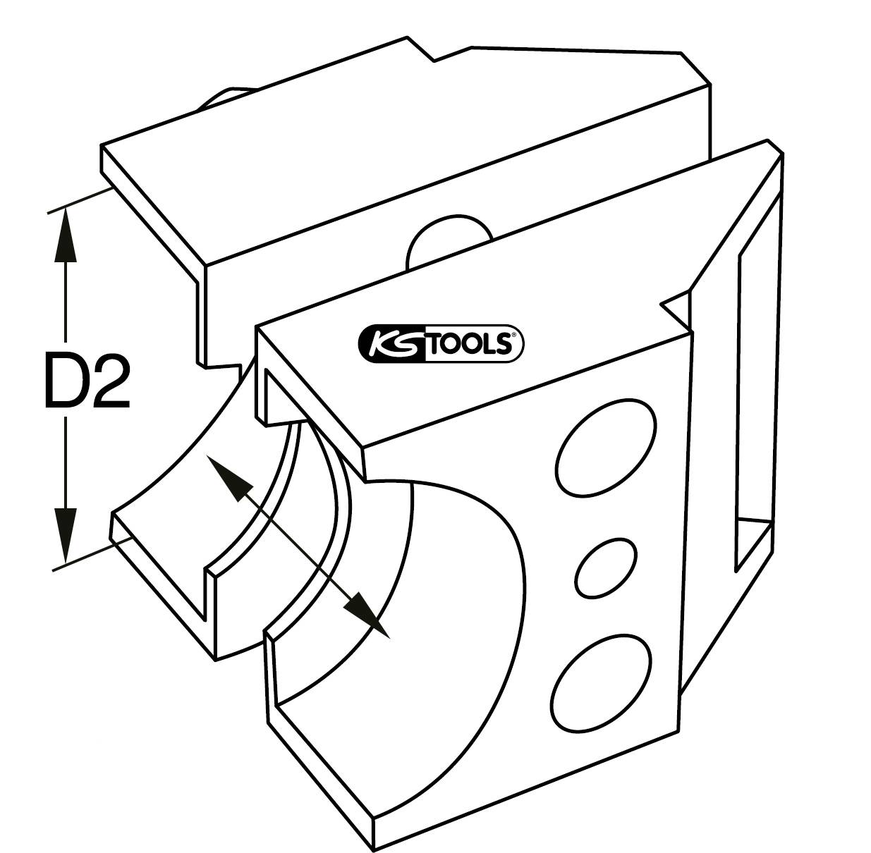 Čeljusti vzmetniškega spona z V-relief in oznako D2, primerne za okrogle obdelovance, ilustrirane z logotipom 'KS Tools'.