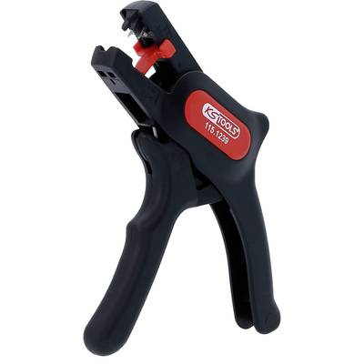 'Nastavljiva klešča za odstranjevanje izolacije iz črnega plastičnega materiala z rdečo nalepko, uporabna za natančno lupljenje kablov.'
