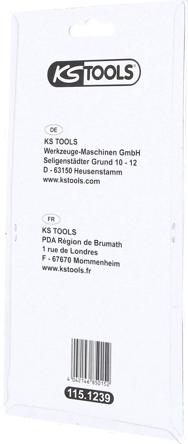 Zadnja stran embalaže podjetja KS TOOLS z naslovi nemških in francoskih lokacij. Vidna je številka artikla '115.1239'.