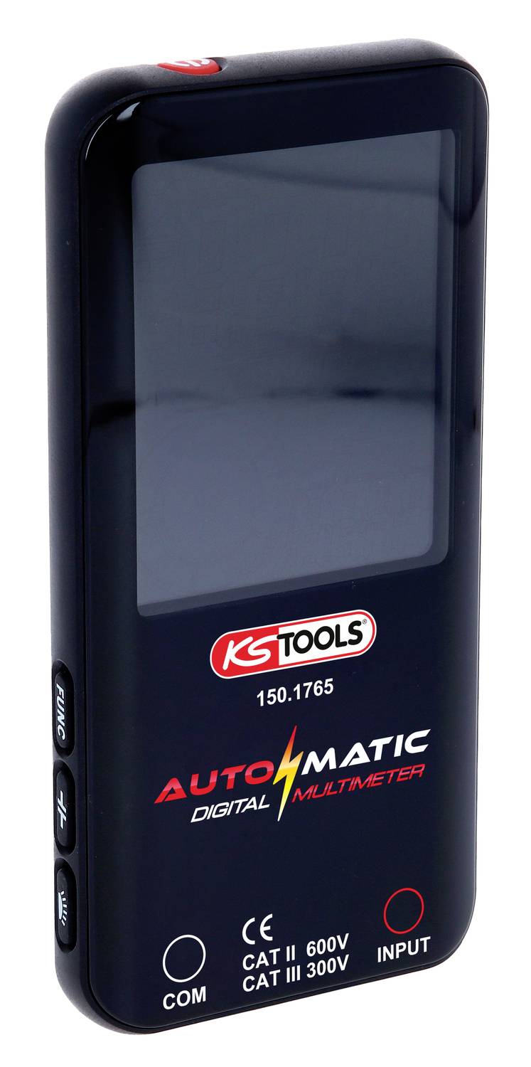 Črni digitalni multimeter z napisom 'KS Tools AUTOMATIC DIGITAL MULTIMETER', ki ne prikazuje nobenih specifičnih meritev.