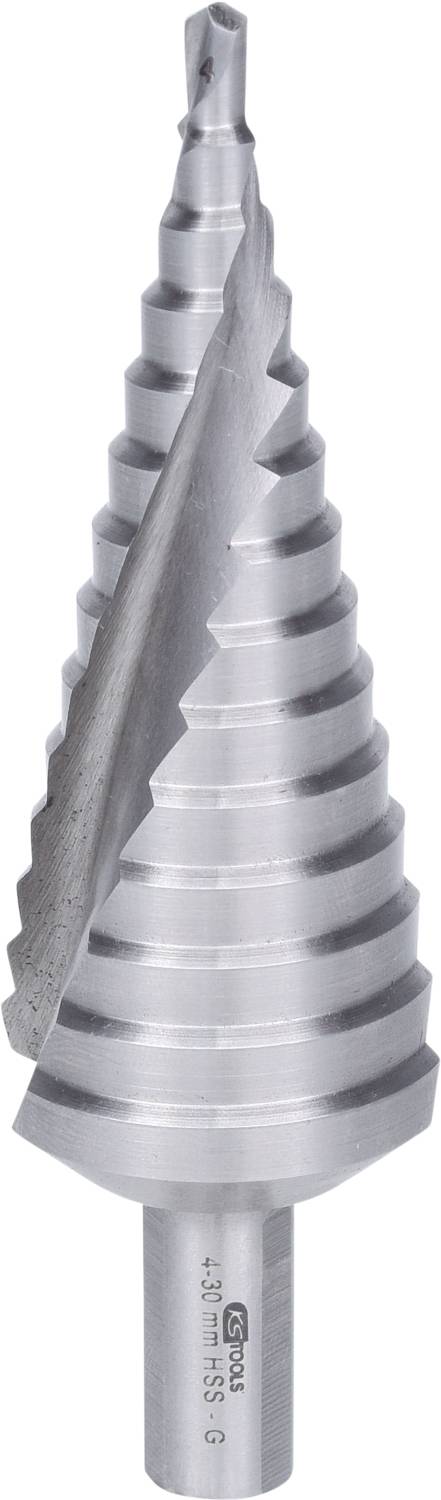 Stopenjski sveder iz kovine s spiralasto strukturo robov, primeren za vrtanje lukenj različnih premerov v materialih.