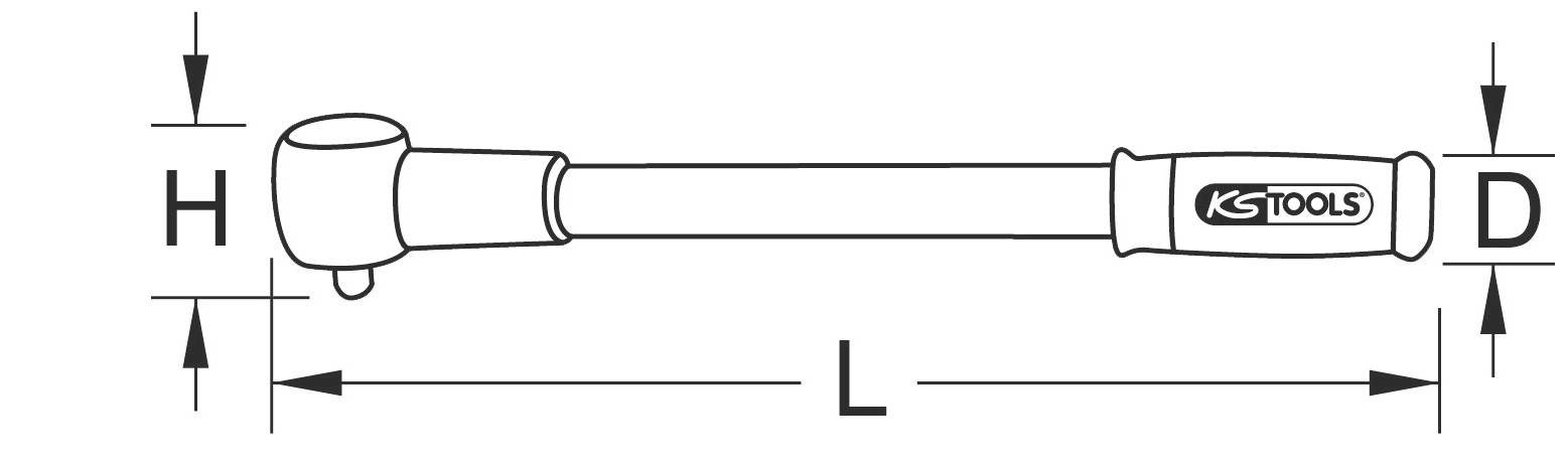 Diagram momentnega ključa z navedbo mer: H (višina glave), D (premer ročaja), L (skupna dolžina). Označeno z 'KS Tools'.