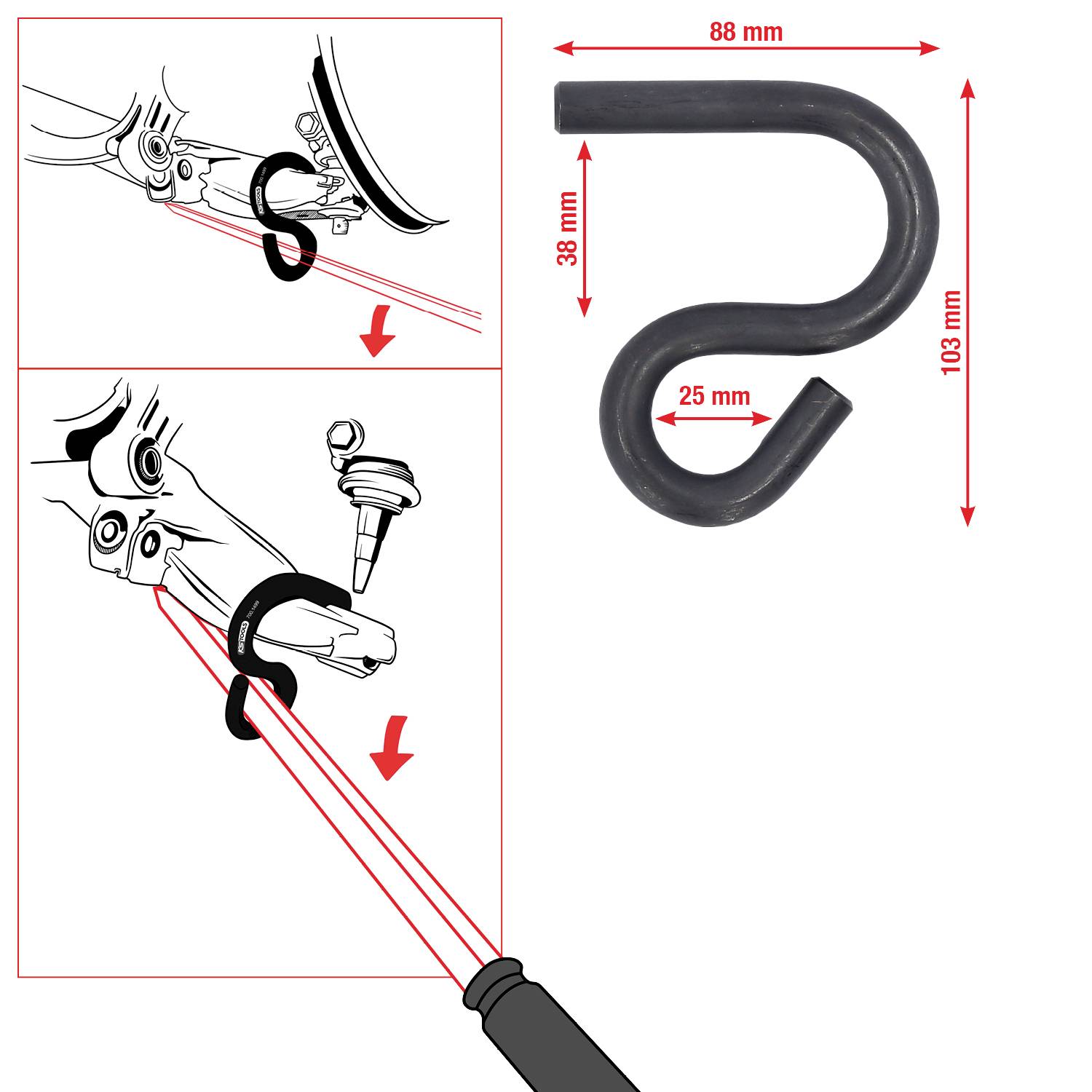 Ilustracija kolesarskega stojala: pritrjevalni koraki prikazani s puščicami. Dimenzije kljuke: 88 mm, 38 mm, 25 mm, 103 mm.