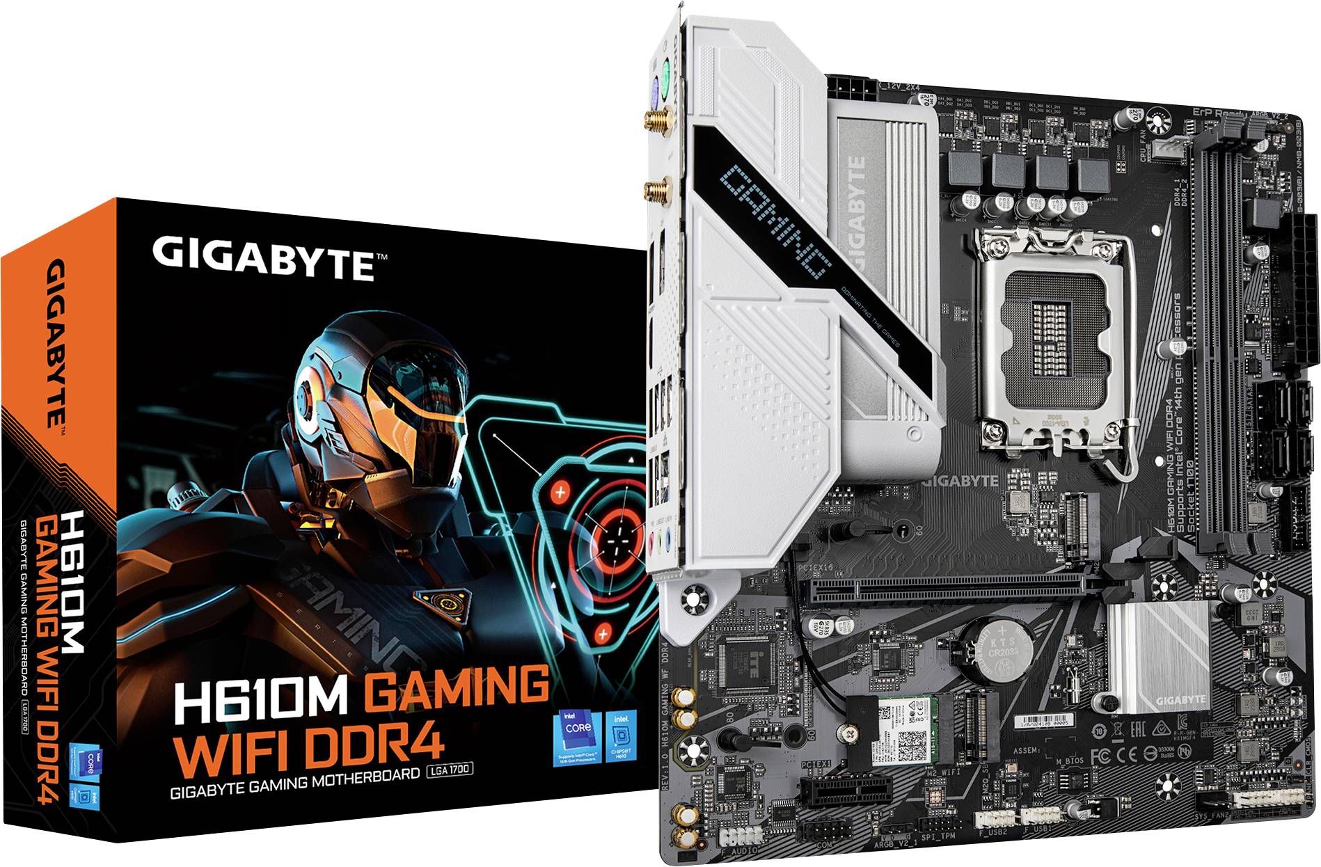Gigabyte H610M Gaming matična plošča z WiFi DDR4. Na sliki je matična plošča poleg embalaže z futurističnim robotom.