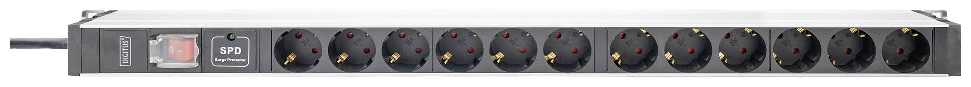 Večvodna vtičnica z devetimi črnimi vtičnimi mesti in rdečim stikalom na levi strani. Primerna za napajanje več naprav hkrati.