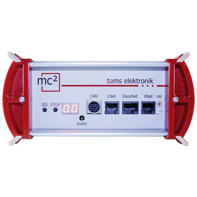 Rdeča in bela elektronska naprava podjetja Tams Elektronik z več priključki. Besedilo: 'mc²', 'GO', 'STOP', 'CAN', 'LNet', 'EasyNet', 'XNet', 'rec'.