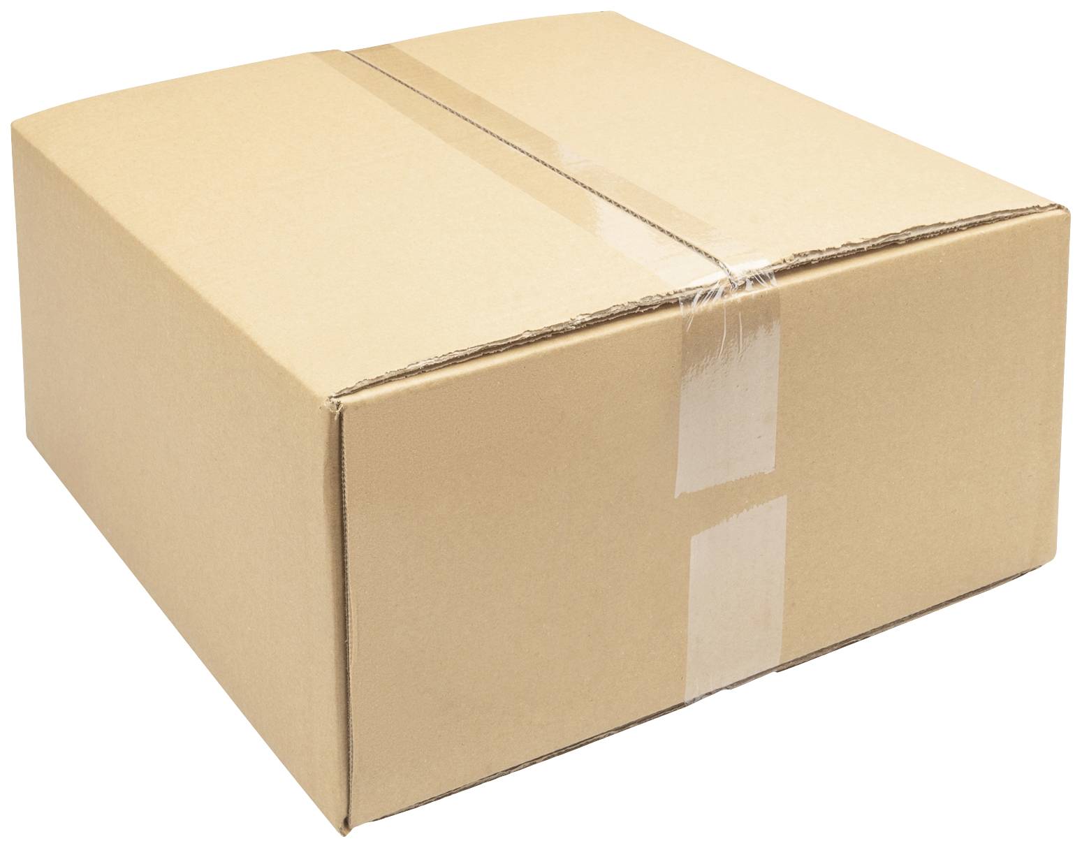 Velika zaprta škatla, zalepljena z lepilnim trakom, stoji na beli podlagi.