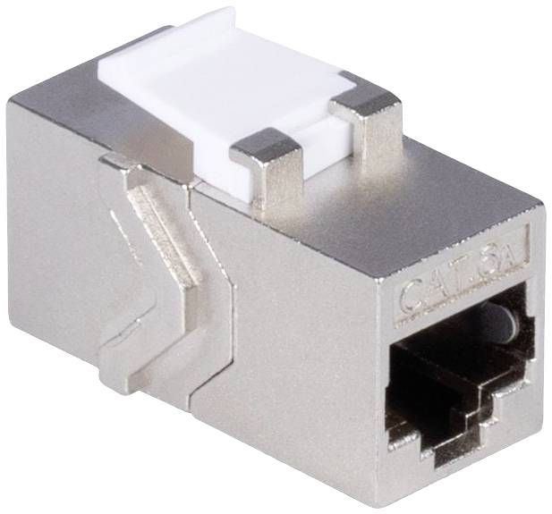 Cat5e modularni vtič v kovinskem videzu z belim zapiralom, primeren za uporabo v Ethernet omrežjih.