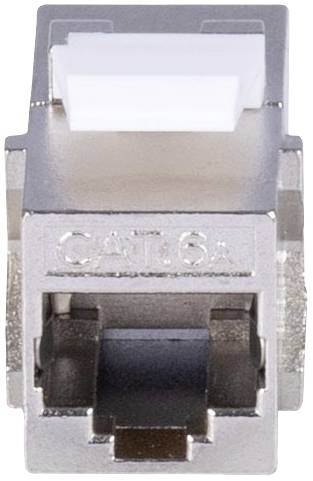 Srebrn RJ45 keystone priključek za Cat.6a omrežne kable, prikazan spredaj. Primeren za visokohitrostne ethernet povezave.