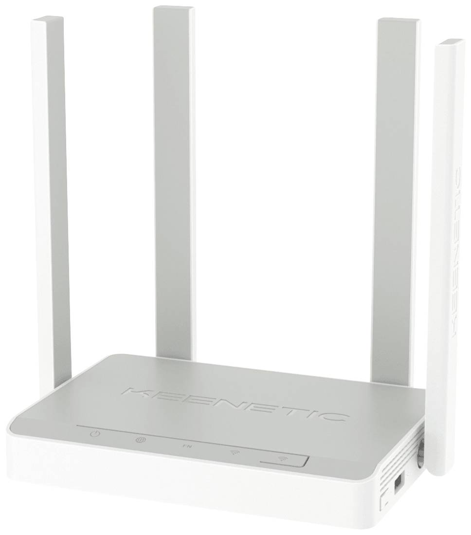 Bel usmerjevalnik Wi-Fi s štirimi pokončnimi antenami. Naprava ima sodoben dizajn in je primerna za domača omrežja.