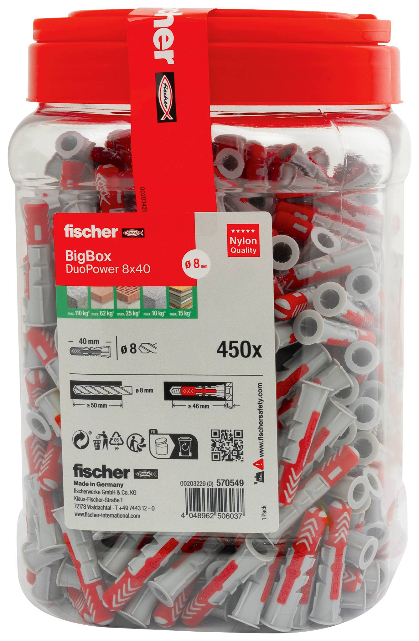 Posoda Fischer BigBox DuoPower 8x40 nylonskih stenskih čepov, označena s '450x', z rdečim pokrovom in prozornim stekleničem, polnim rdečih-sivih sider.