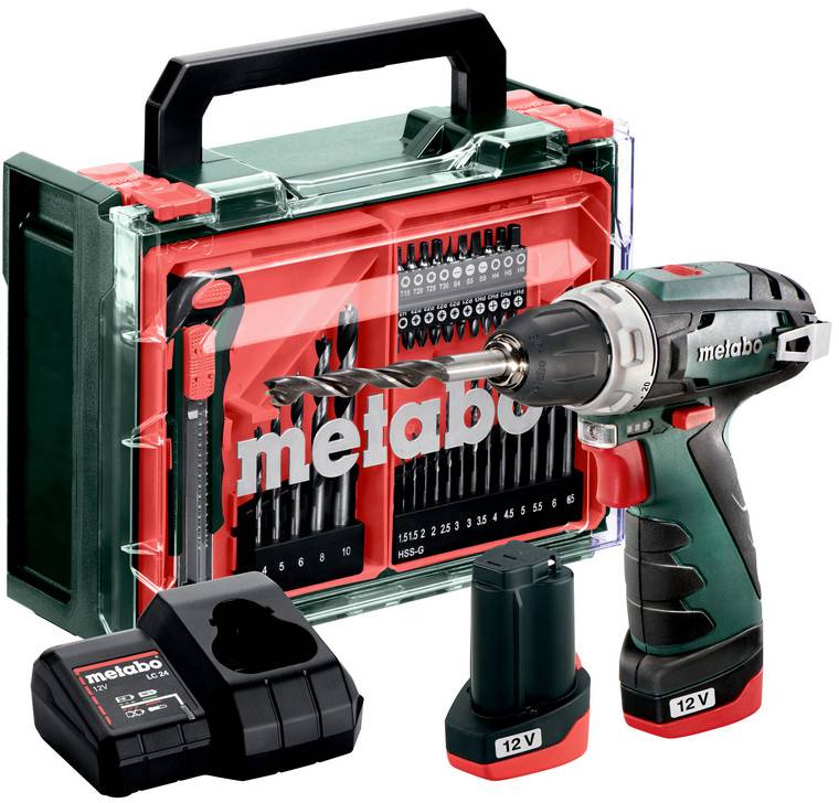 Metabo 12V brezžični vrtalnik z baterijo, polnilnikom in kompletom svedrov v prenosni torbi.
