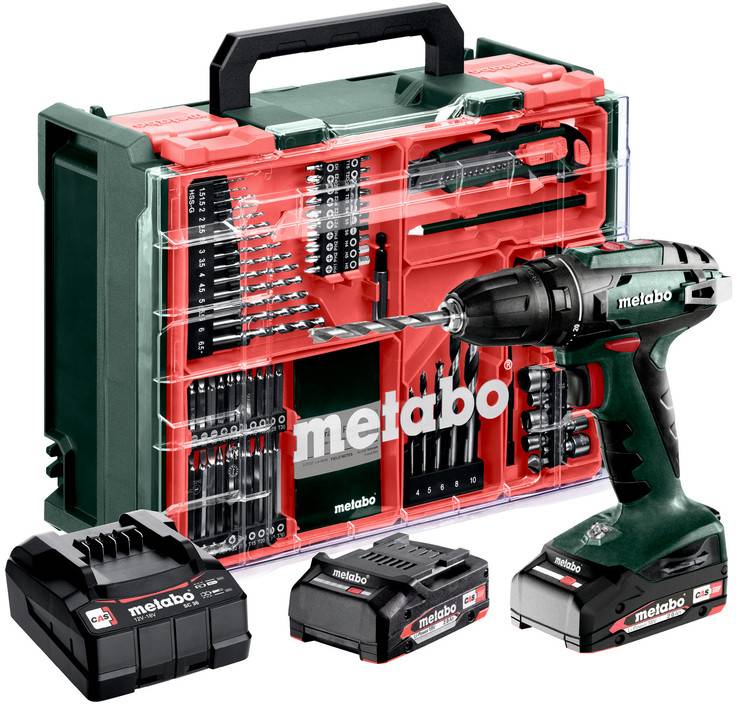 Metabo akumulator vrtalni stroj s svedri, dvema baterijama, polnilnikom in rdečo torbo za prenašanje v prozorni embalaži.
