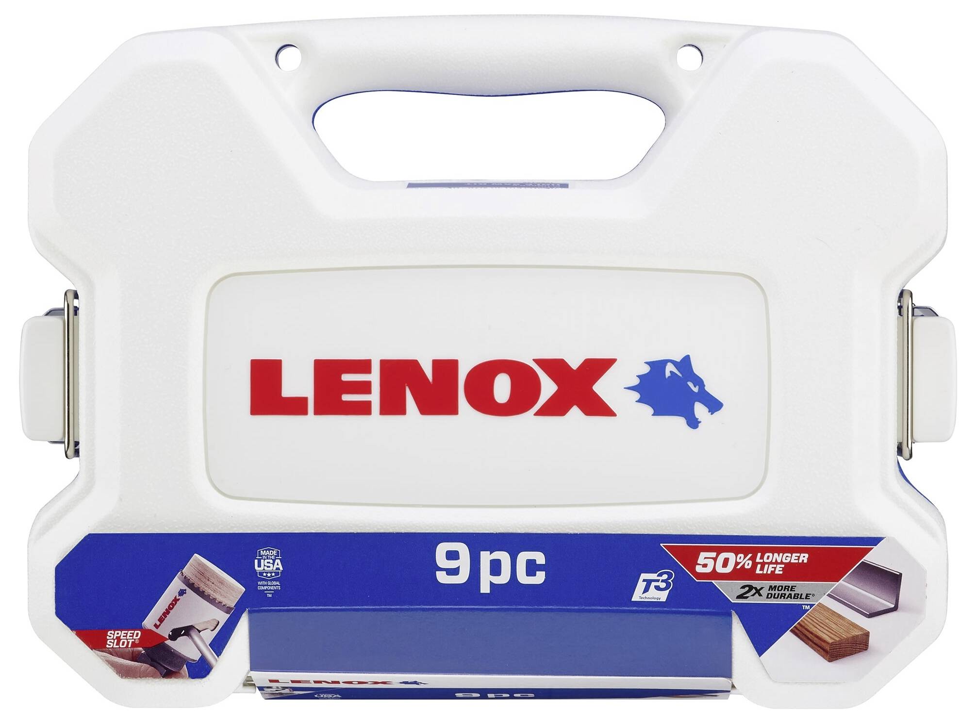 Bela plastična škatla z rdečim logotipom 'Lenox' in modrim napisom '9pc'. Vsebuje orodje, oglaševano z '50% daljšo življenjsko dobo'.