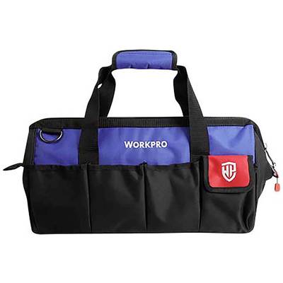 Modra in črna torba za orodje znamke 'WORKPRO' z logotipom na sprednji strani in več zunanjimi žepi za shranjevanje.