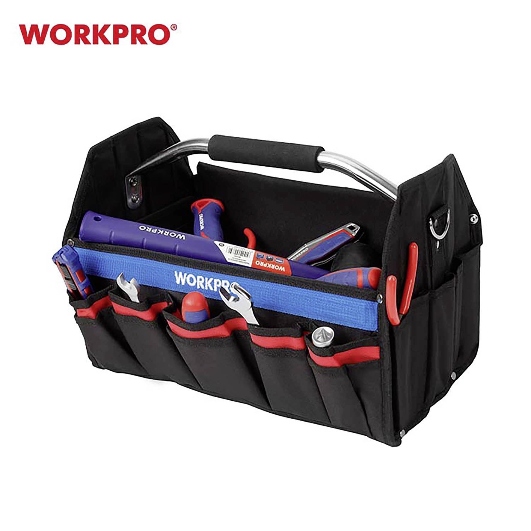 Orodjarska torba z kovinskim ročajem, napolnjena z različnimi ročnimi orodji, kot so izvijači in klešče; vidna znamka 'WORKPRO'.
