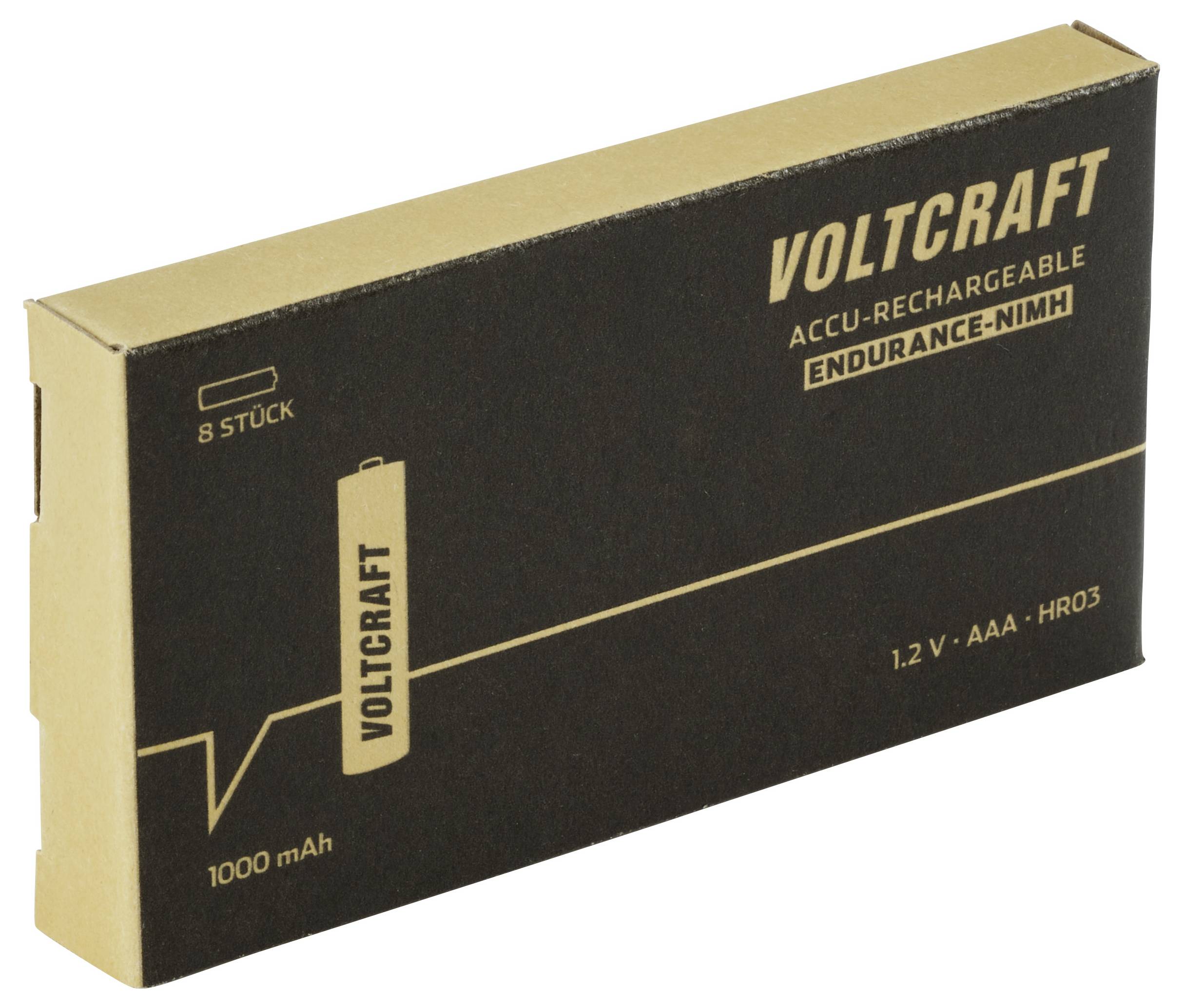 Embalaža blagovne znamke Voltcraft, baterija AAA, 1,2 V, Ni-MH, 1000 mAh, 8 kosov, ponovno polnjiva, črne in bež barve.
