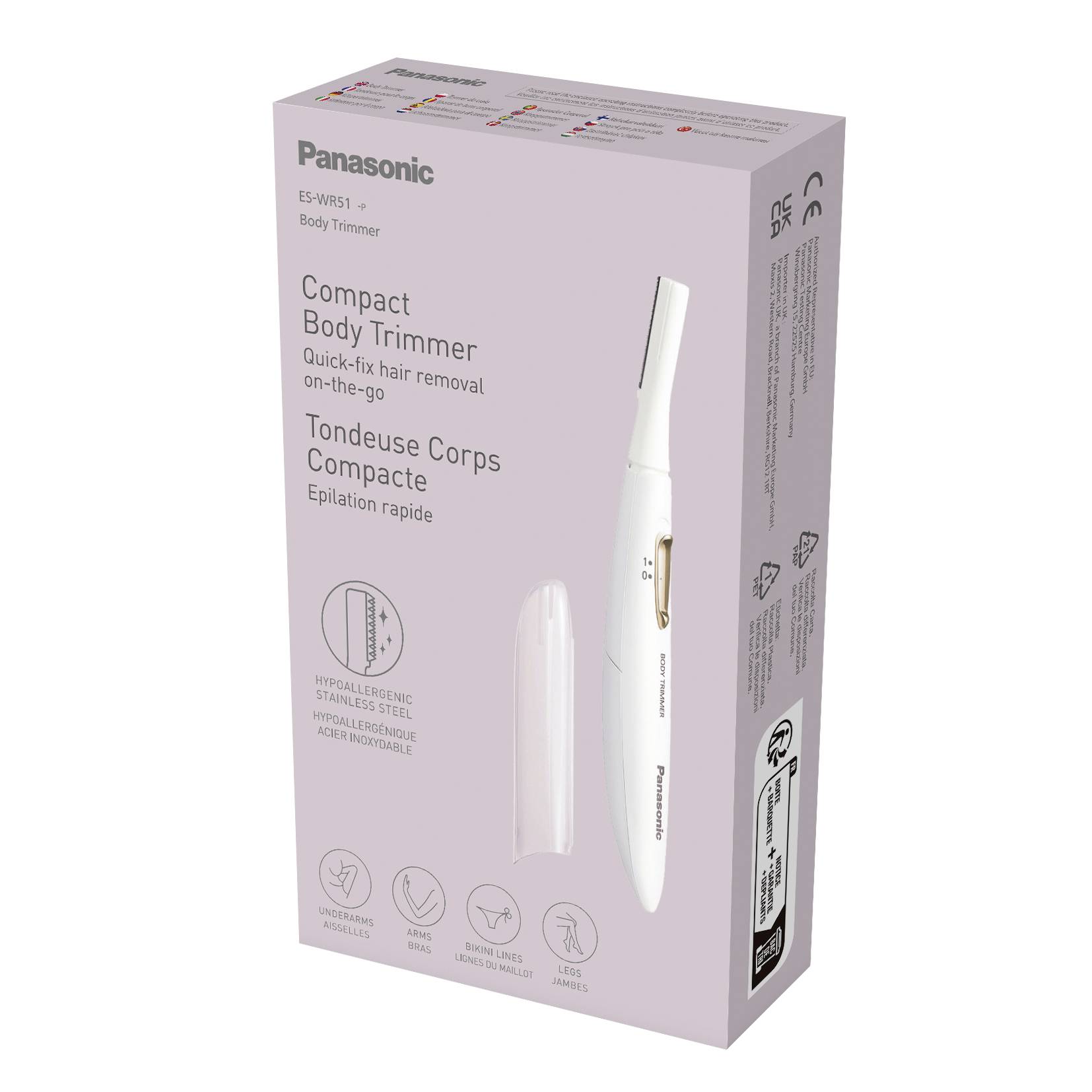 Embalaža 'Panasonic ES-WR51-S Body Trimmer' prikazuje napravo in podrobnosti o hipoalergeni rezili, hitrem sistemu za odstranjevanje dlak ter kompaktni zasnovi.