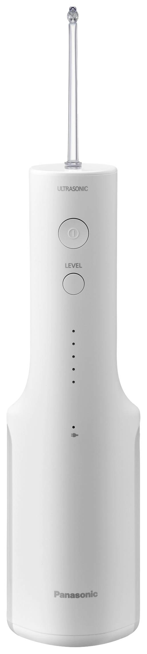 Bela, cilindrična električna naprava za čiščenje zob z ozko konico na vrhu in več upravljalnimi elementi na sprednji strani.