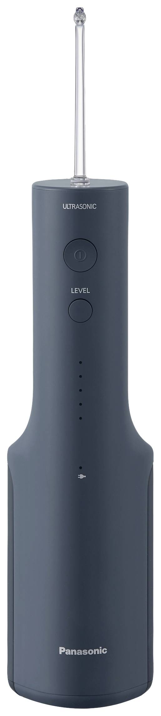 Električna ustna prha v temno sivi barvi z ozko šobo. Blagovna znamka 'Panasonic' prikazana spodaj na napravi.