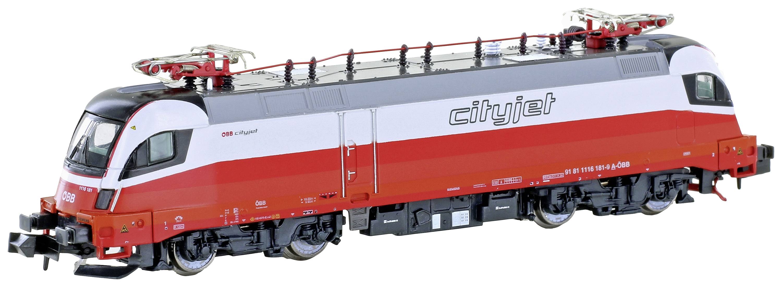 Model vlaka v dizajnu Cityjet v rdeči in beli barvi z natančnimi napisi in tokovnimi odjemniki stoji na beli površini.
