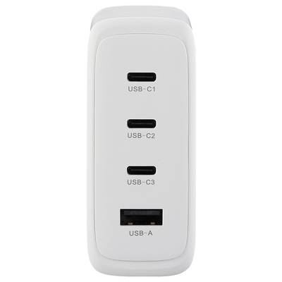 Bela polnilna postaja s tremi USB-C in enim USB-A priključkom, postavljena navpično. Vsak priključek je označen s svojo vrsto.