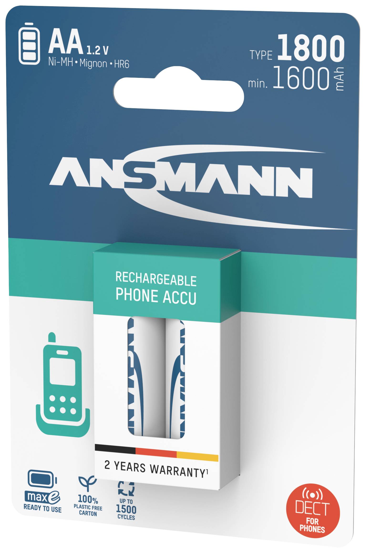 Embalaža polnilne NiMH baterije znamke Ansmann z napetostjo 1,2 V, 1800 mAh, primerna za telefone, z 2-letno garancijo.