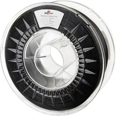 Kolut črnega 3D-tiskalnega filamenta iz ogljičnega PLA podjetja Spectrum, navit na prozorni plastični tuljavi.